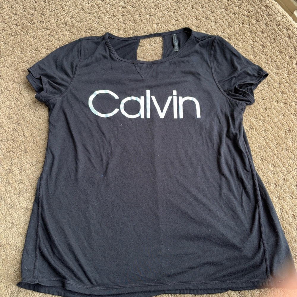 Calvin Klein workout Women's Black Logo Tee large blue mark on front see pic